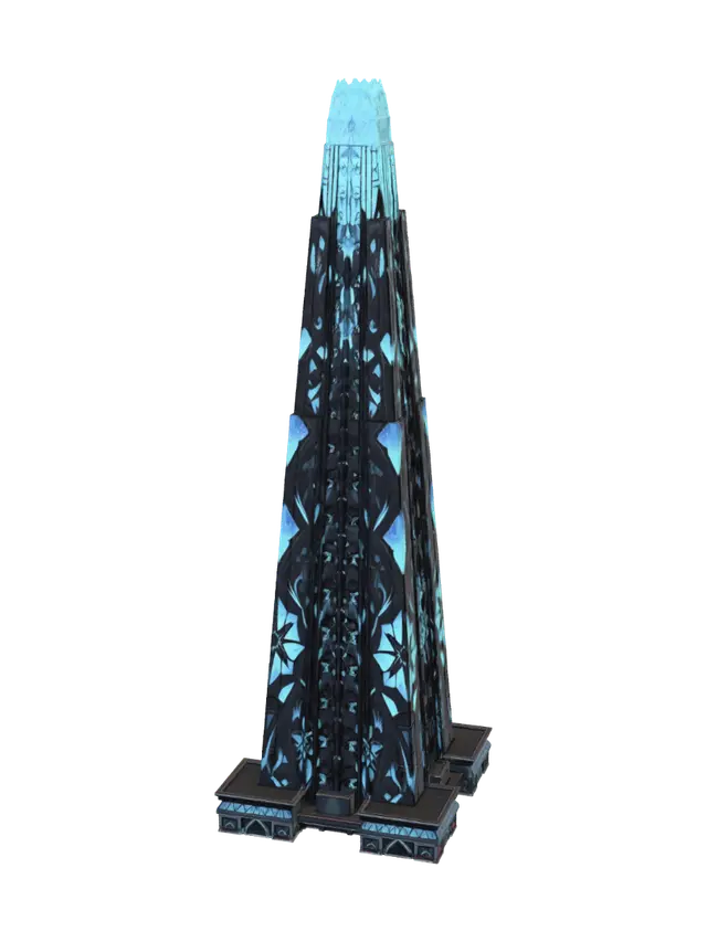 3D model for fantazy kinézetű c&c teslaturet. egyenlő keveréke a fanztazinak és a star warsnak. concept art minoség a telején egy késk kristállyal nagy felbontás sok részlet. olyan mint egy obelisk és egy trasfrmátor keverék magas oszlop