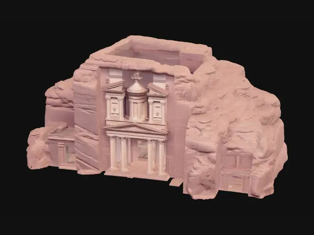 3D model for A majestic 3D model of Petra's Al-Khazneh (The Treasury), carved directly into rose-red sandstone. Its towering, classical facade features intricate columns, ornate friezes, and carved deities, presenting a weathered yet grand appearance. The stone varies in warm pink and orange hues, with a rough, ancient texture, conveying immense historical weight and architectural marvel.