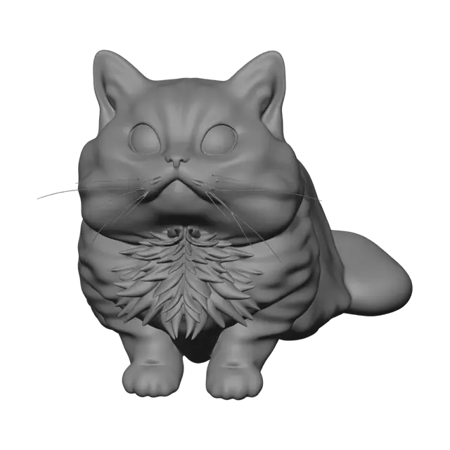 3D model for 一只圆润的英国短毛猫,毛色为奶油色和浅棕色的渐变虎斑纹,毛发蓬松柔软,有明显的绒毛质感。它的坐姿端正,头部微微抬起,大而圆的黑色眼睛向上凝视,粉色的鼻子小巧可爱,脸颊丰满,胡须又长又白,整体造型憨态可掬。