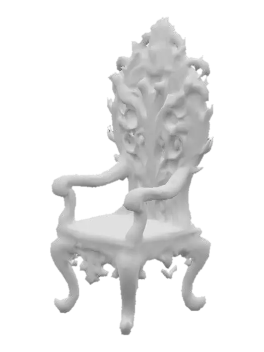 3D model for Design a chair with organic and plant like elements. Include glowing green, brown, and tan energy veins, pulsating lights. Add intricate carvings and textures that blend flesh and metal seamlessly all in the shapes of cob webs covering it