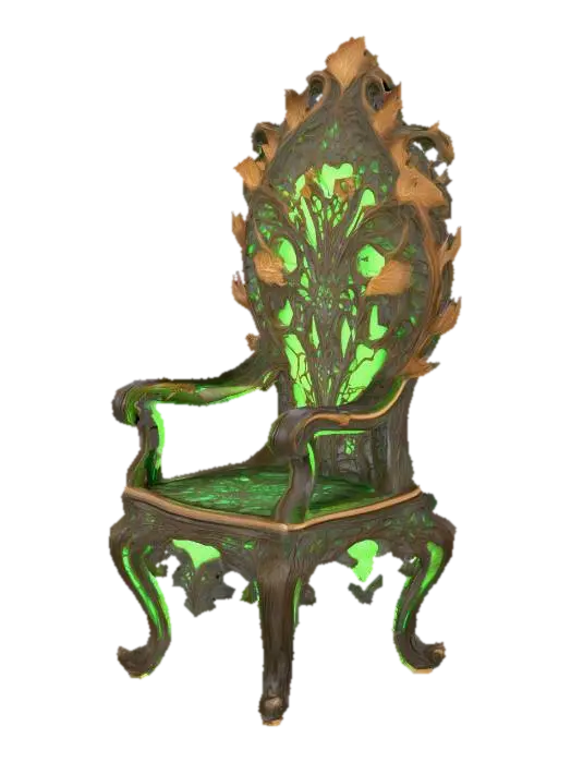 3D model for Design a chair with organic and plant like elements. Include glowing green, brown, and tan energy veins, pulsating lights. Add intricate carvings and textures that blend flesh and metal seamlessly all in the shapes of cob webs covering it
