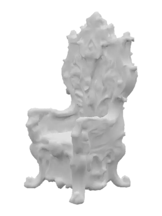 3D model for Design a chair with organic and plant like elements. Include glowing green, pink, and red energy veins, pulsating lights. Add intricate carvings and textures that blend flesh and metal seamlessly all in the shapes of cob webs covering it