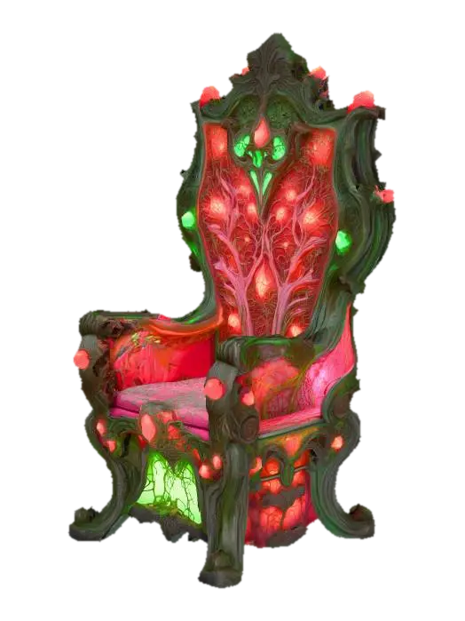 3D model for Design a chair with organic and plant like elements. Include glowing green, pink, and red energy veins, pulsating lights. Add intricate carvings and textures that blend flesh and metal seamlessly all in the shapes of cob webs covering it