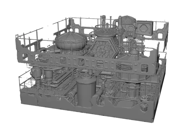 3D model for Alien resource processing facility, industrial refinery structure with large crystalline storage tanks, purple energy processing core, hexagonal conveyor systems, metallic pipes and conduits, floating ore containers, bioluminescent processing chambers, modular extraction equipment, geometric industrial design, orbital mining station, advanced alien technology, 3D model, game asset, isometric view, PBR materials