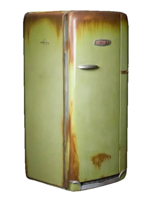 Rusted 70s Fridge: Old refrigerator, 1970s, rusted edges, peeling avocado green… 3D model, vytvořený pomocí AI