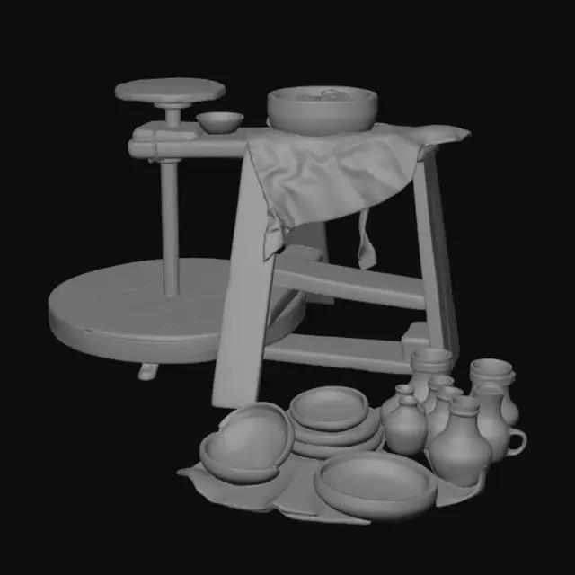 3D model for Outdoor Pottery Wheel with Clay Vessels