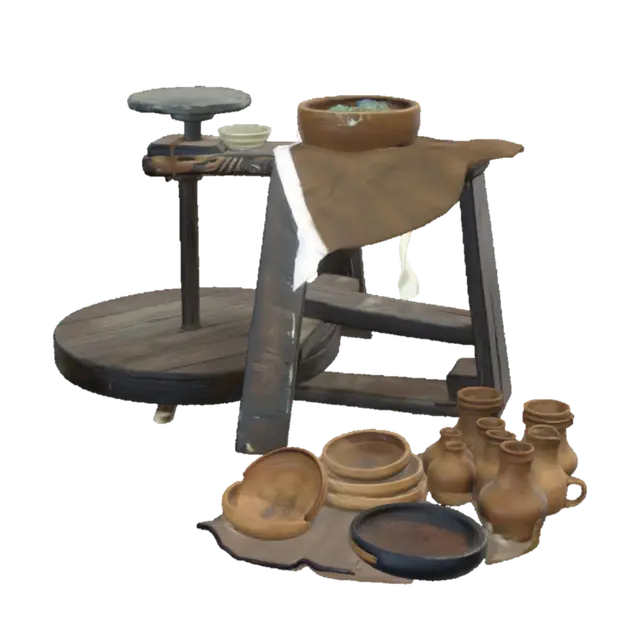 Outdoor Pottery Wheel with Clay Vessels 3D model, vytvořený pomocí AI