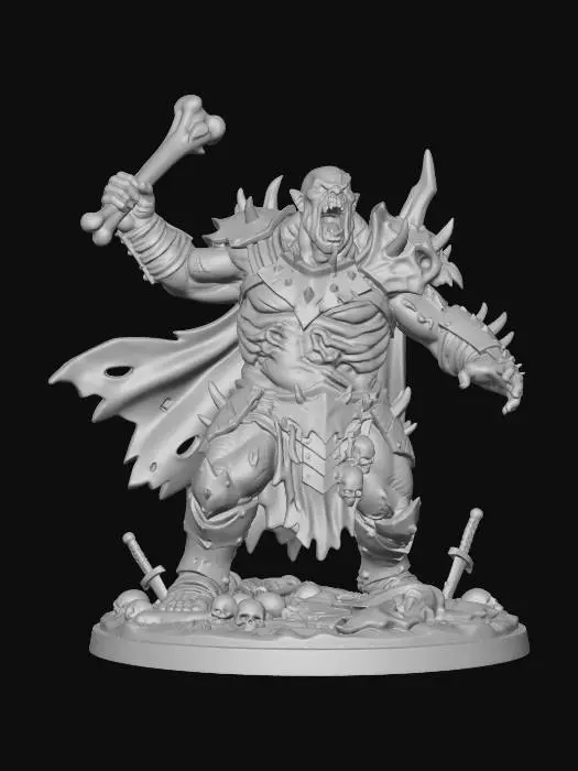 3D model for A magnificent rendition of and Undead Ogre dungeons and dragons game piece. With bones littering the base. And the ogre roaring at his foes.