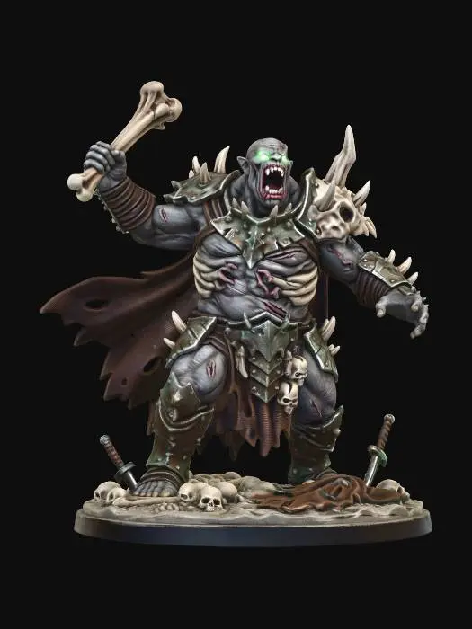 3D model for A magnificent rendition of and Undead Ogre dungeons and dragons game piece. With bones littering the base. And the ogre roaring at his foes.
