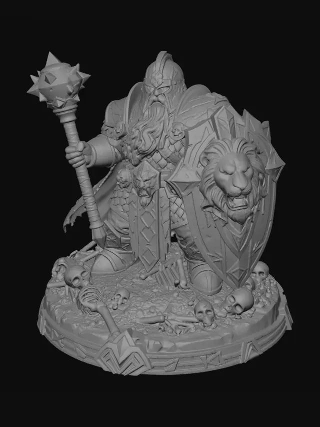 3D model for A Dwarven warlord dungeons and dragons game piece. Wearing the most exquisite Dragon Scale armor, with burns and cuts in the armor. Wielding and ancient rusty magical mace and Spectacular lions head shield. Skeletons littering the base.
