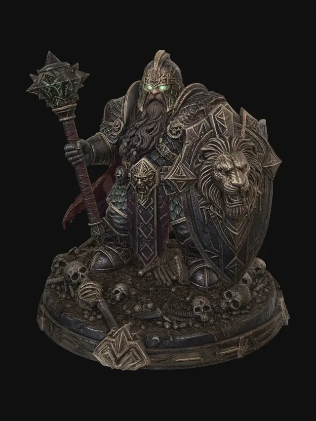 3D model for A Dwarven warlord dungeons and dragons game piece. Wearing the most exquisite Dragon Scale armor, with burns and cuts in the armor. Wielding and ancient rusty magical mace and Spectacular lions head shield. Skeletons littering the base.