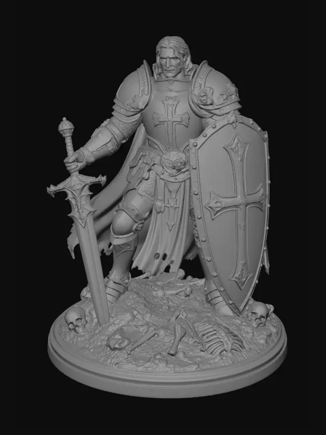 3D model for A Human Paladin Sword Knight  Dungeons and Dragons style game piece. With skeleton parts on the base. The paladin is wearing Holy Heavy Armor and wielding a beautifully forged ancient long forgotten magical holy blade. And shield baring a Large Cross. Showing signs of Battle the Paladin has waged many wars.