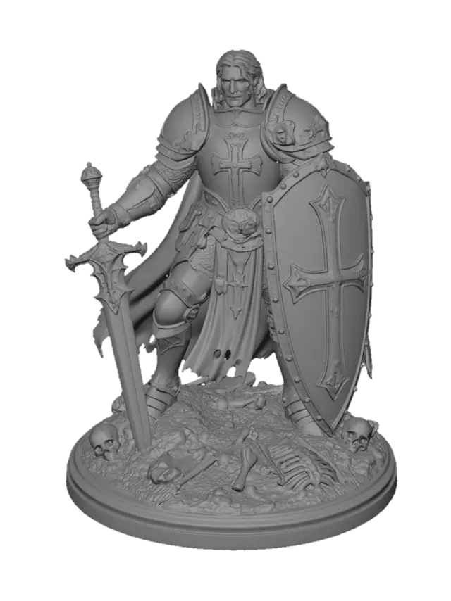 3D model for A Human Paladin Sword Knight  Dungeons and Dragons style game piece. With skeleton parts on the base. The paladin is wearing Holy Heavy Armor and wielding a beautifully forged ancient long forgotten magical holy blade. And shield baring a Large Cross. Showing signs of Battle the Paladin has waged many wars.