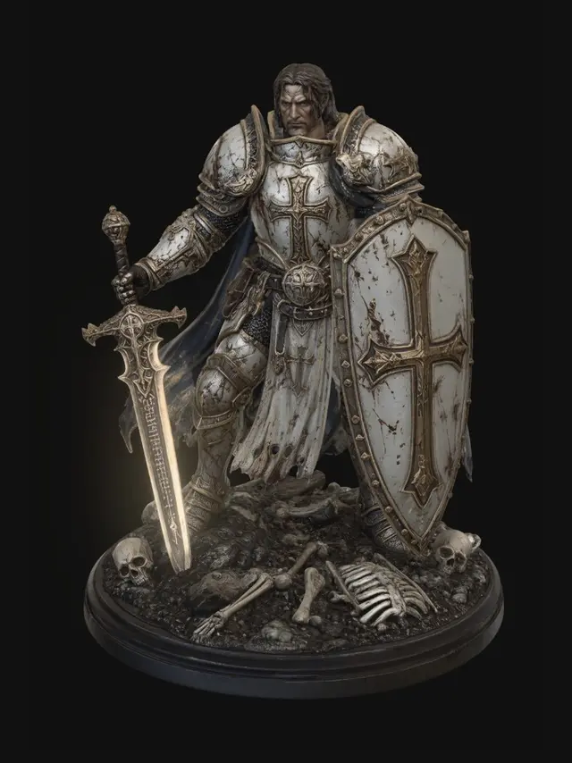 3D model for A Human Paladin Sword Knight  Dungeons and Dragons style game piece. With skeleton parts on the base. The paladin is wearing Holy Heavy Armor and wielding a beautifully forged ancient long forgotten magical holy blade. And shield baring a Large Cross. Showing signs of Battle the Paladin has waged many wars.