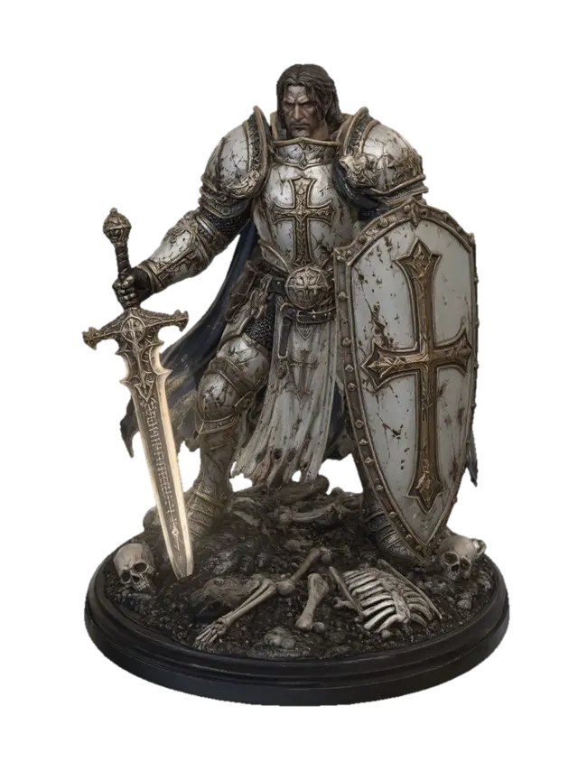 3D model for A Human Paladin Sword Knight  Dungeons and Dragons style game piece. With skeleton parts on the base. The paladin is wearing Holy Heavy Armor and wielding a beautifully forged ancient long forgotten magical holy blade. And shield baring a Large Cross. Showing signs of Battle the Paladin has waged many wars.