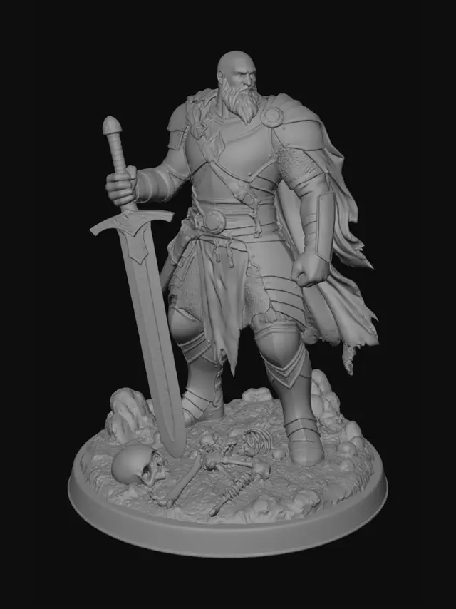 3D model for A Goliath Battle Master Fighter Dungeons and Dragons style game piece. With skeleton parts on the base. The Battle Master Fighter is wearing Half-Plate Armor with stainless steel mesh. and wielding a beautifully forged ancient long forgotten Runic Greatsword. Showing signs of Battle the Fighter has won many wars.