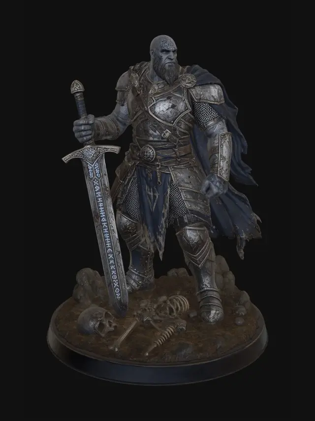 3D model for A Goliath Battle Master Fighter Dungeons and Dragons style game piece. With skeleton parts on the base. The Battle Master Fighter is wearing Half-Plate Armor with stainless steel mesh. and wielding a beautifully forged ancient long forgotten Runic Greatsword. Showing signs of Battle the Fighter has won many wars.