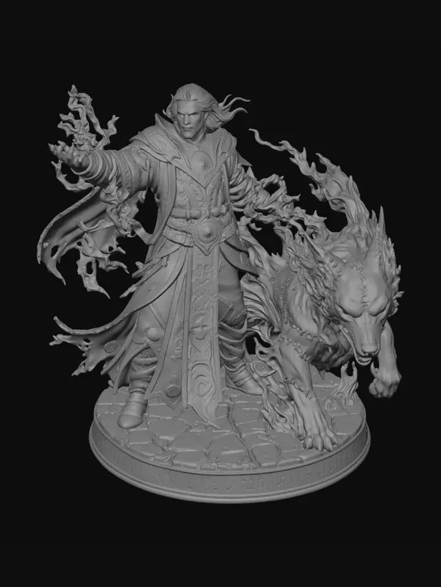 3D model for A Human Shadow Magic Sorcerer Dungeons and Dragons inspired table top game piece. Gritting his teeth while conjuring a magnificent shadow hound - Stitched together darkness. Wearing the most highly detailed runic embossed Robes highly contrasted to the background. Ability to see in the Dark. The shadow magic sorcerer is the most powerful subclass. And they know it.