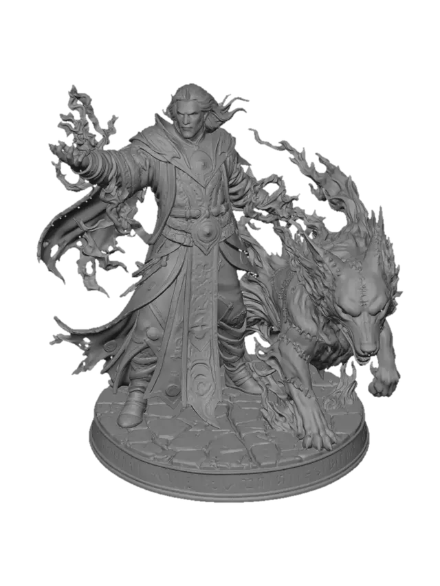3D model for A Human Shadow Magic Sorcerer Dungeons and Dragons  inspired table top game piece. Gritting his teeth while conjuring a magnificent shadow hound - Stitched together darkness. Wearing the most highly detailed runic embossed Robes highly contrasted to the background. Ability to see in the Dark. The shadow magic sorcerer is the most powerful subclass. And they know it.