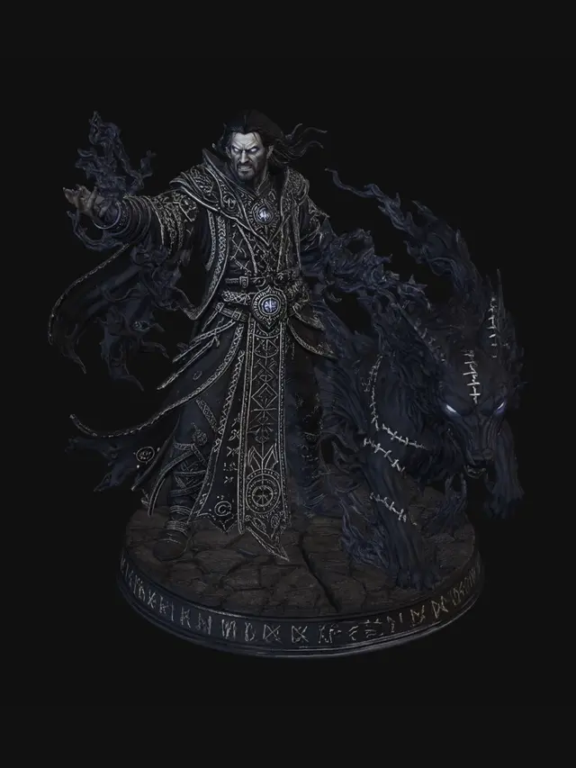 3D model for A Human Shadow Magic Sorcerer Dungeons and Dragons inspired table top game piece. Gritting his teeth while conjuring a magnificent shadow hound - Stitched together darkness. Wearing the most highly detailed runic embossed Robes highly contrasted to the background. Ability to see in the Dark. The shadow magic sorcerer is the most powerful subclass. And they know it.