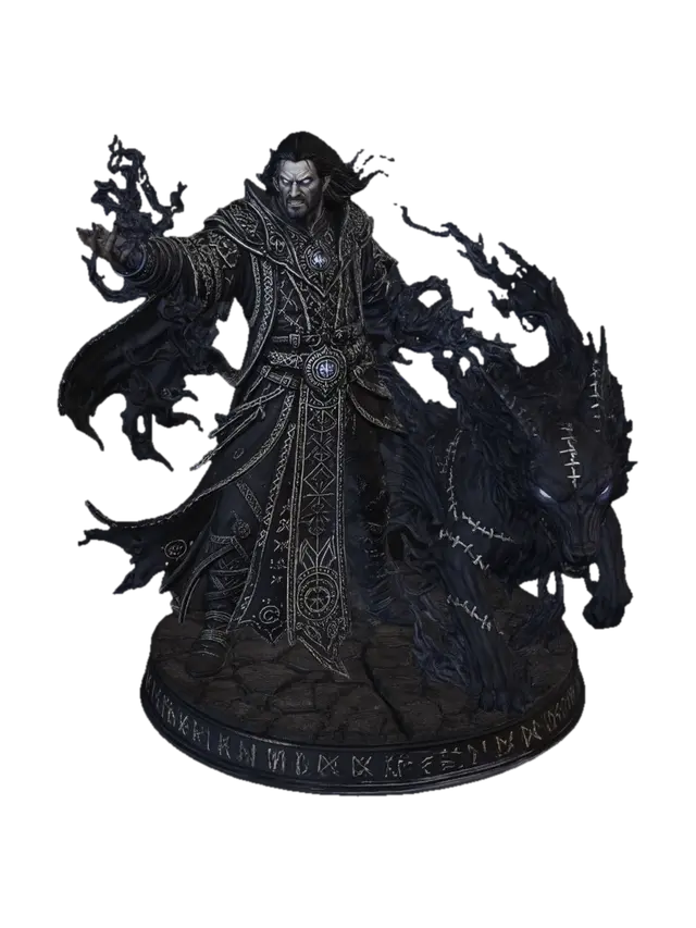 3D model for A Human Shadow Magic Sorcerer Dungeons and Dragons  inspired table top game piece. Gritting his teeth while conjuring a magnificent shadow hound - Stitched together darkness. Wearing the most highly detailed runic embossed Robes highly contrasted to the background. Ability to see in the Dark. The shadow magic sorcerer is the most powerful subclass. And they know it.