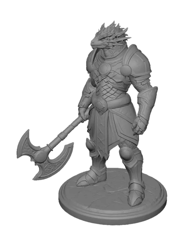 3D model for A dragonborn dungeons and dragons style game piece. Lacking wings and a tail they stand upright in humanoid form.  Very highly detailed with scales and muscles. The dragonborn is a skilled fighter champion. Equipped with an ancient runic battle axe and wearing Armor of Invulnerability. High contrast.