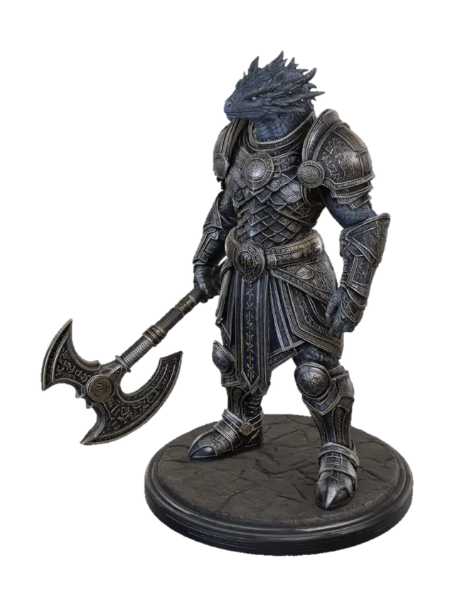 3D model for A dragonborn dungeons and dragons style game piece. Lacking wings and a tail they stand upright in humanoid form.  Very highly detailed with scales and muscles. The dragonborn is a skilled fighter champion. Equipped with an ancient runic battle axe and wearing Armor of Invulnerability. High contrast.