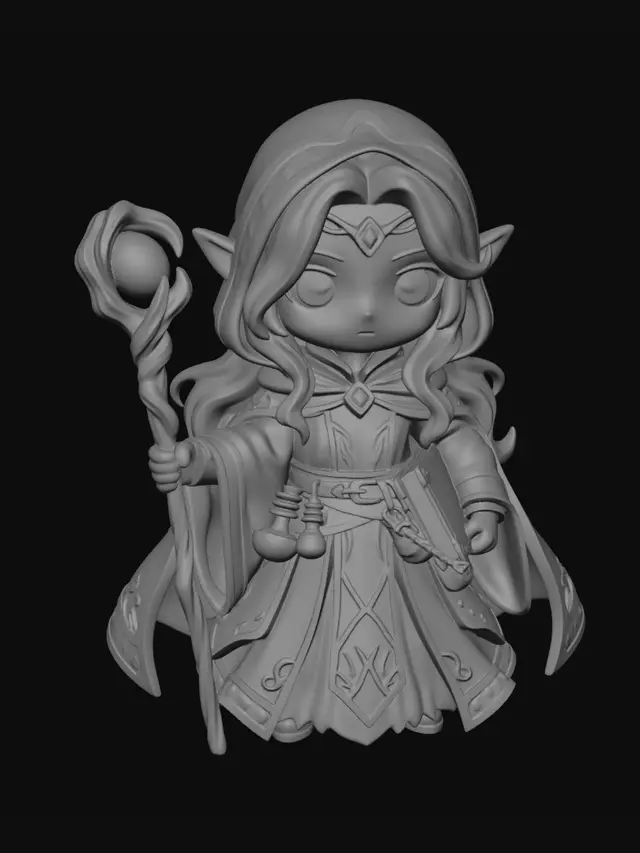 3D model for An incredibly beautiful  female elf mage. Dungeons and Dragons Game Piece. Voluptuous breasts, ancient long forgotten runic robes with cleavage. Conjuring hellfiree,  Bones littering the base.