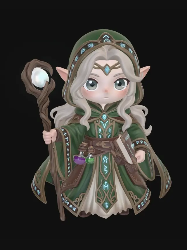 3D model for An incredibly beautiful  female elf mage. Dungeons and Dragons Game Piece. Voluptuous breasts, ancient long forgotten runic robes with cleavage. Conjuring hellfiree,  Bones littering the base.
