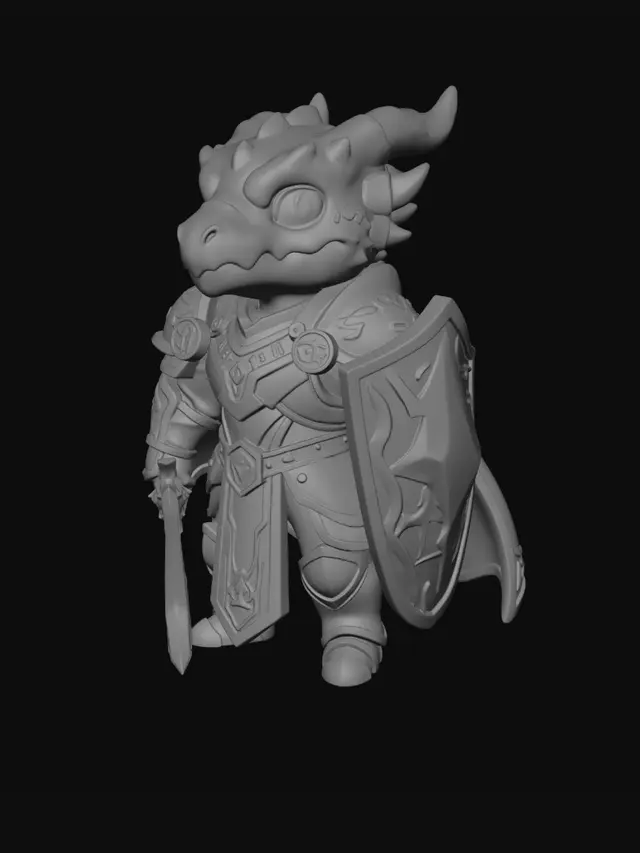 3D model for A dragonborn dungeons and dragons style game piece. Lacking wings and a tail they stand upright in humanoid form.  Very highly detailed with scales and muscles. The dragonborn is a skilled fighter champion. Equipped with an ancient runic battle axe and wearing Armor of Invulnerability. High contrast.
