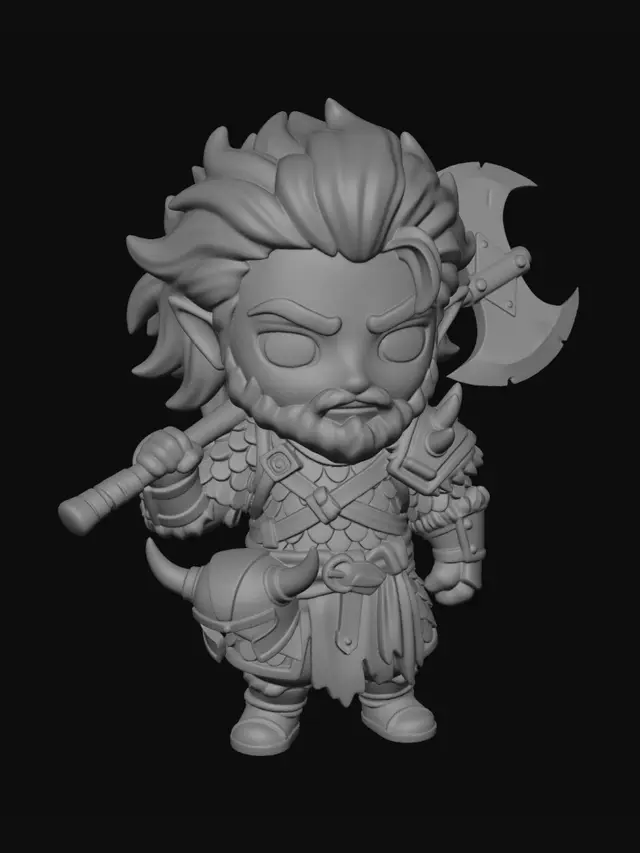 3D model for A Half Elf Barbarian Dungeons and Dragons themed game piece.  Very muscular, wearing Scale Mail.  A path of the beast.  Wielding an Unholy Blade and Shield. Use a D&D base.
