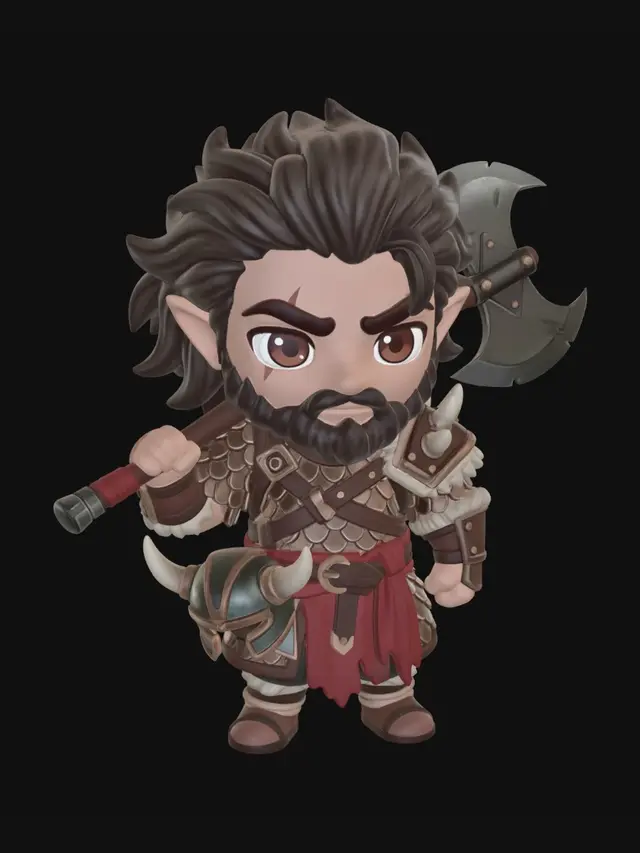 3D model for A Half Elf Barbarian Dungeons and Dragons themed game piece.  Very muscular, wearing Scale Mail.  A path of the beast.  Wielding an Unholy Blade and Shield. Use a D&D base.