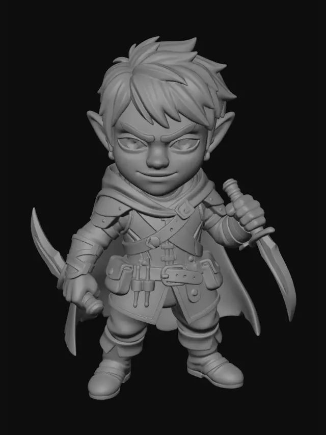 3D model for A Goblin Rogue Nightstalker dungeons and dragons game piece. Bones littering the base.  Skilled in martial arts. Cunning as they come. Slender yet muscular build, Ready to leap on to his foe. Wielding ancient daggers.
