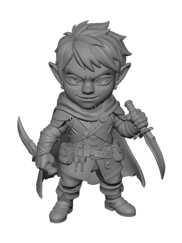 3D model for A Goblin Rogue Nightstalker dungeons and dragons game piece. Bones littering the base.  Skilled in martial arts. Cunning as they come. Slender yet muscular build, Ready to leap on to his foe. Wielding ancient daggers.