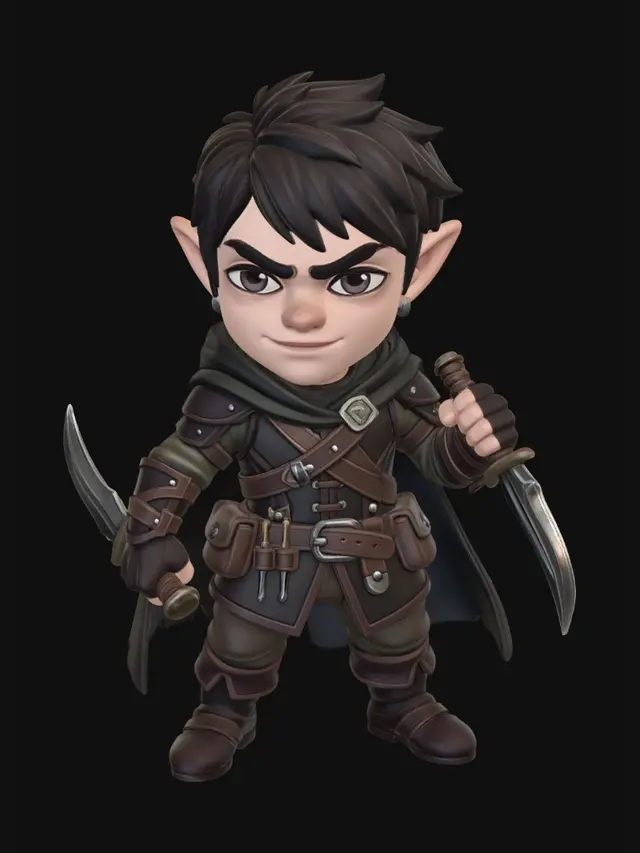 3D model for A Goblin Rogue Nightstalker dungeons and dragons game piece. Bones littering the base.  Skilled in martial arts. Cunning as they come. Slender yet muscular build, Ready to leap on to his foe. Wielding ancient daggers.