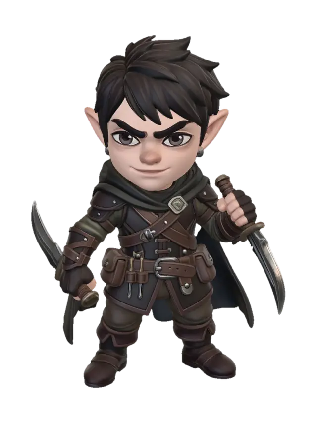 3D model for A Goblin Rogue Nightstalker dungeons and dragons game piece. Bones littering the base.  Skilled in martial arts. Cunning as they come. Slender yet muscular build, Ready to leap on to his foe. Wielding ancient daggers.