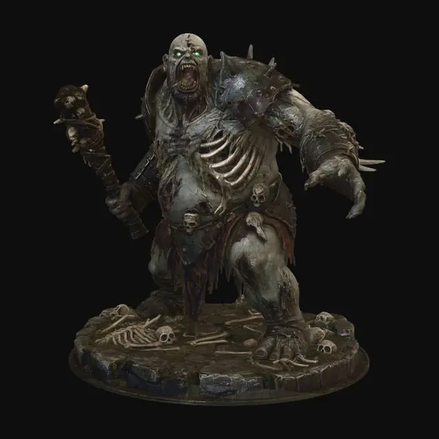 3D model for A magnificent rendition of and Undead Ogre dungeons and dragons game piece. With bones littering the base. And the ogre roaring at his foes.