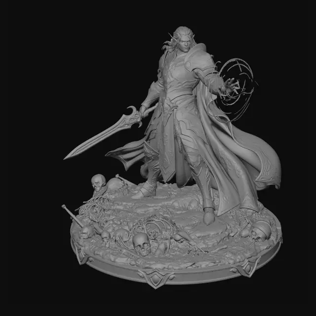 3D model for An Elf Battle Mage dungeons and dragons game piece. Wielding a beautifully forged magical runic sword in one hand and the ability to conjure warding spells in the other. Skeleton pieces litter the base. Wearing the most exquisitely designed magical half plate golden and platinum armor.