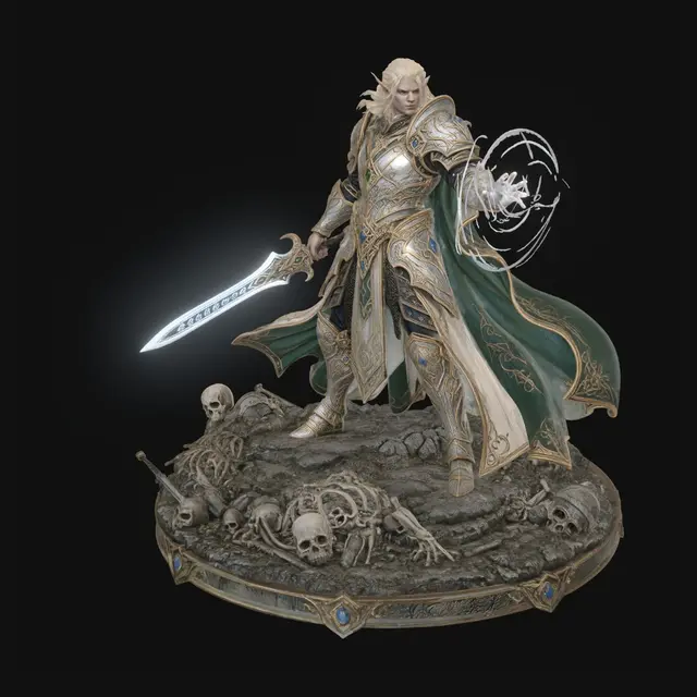 3D model for An Elf Battle Mage dungeons and dragons game piece. Wielding a beautifully forged magical runic sword in one hand and the ability to conjure warding spells in the other. Skeleton pieces litter the base. Wearing the most exquisitely designed magical half plate golden and platinum armor.