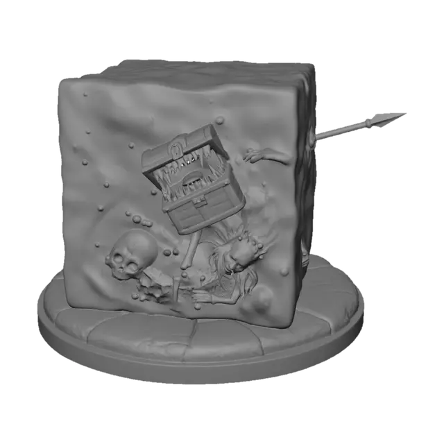 3D model for A Gelatinous Cube dungeons and dragons inspired monster game piece. The cube is 10 feet on each side and translucent. The Cube consumes organic matter by engulfing it. Many colors intertwined to create a translucent cube that can engulf its prey.  on display inside: Mimic Treasure chest, Gobin and Elf body parts. There is also a spear lodged halfway in the one side. The table top game piece has a round base that looks like Stone.