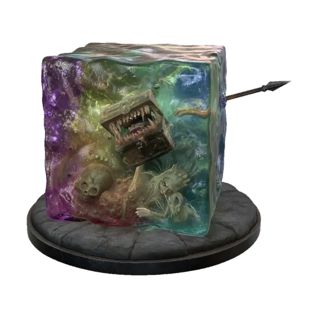 3D model for A Gelatinous Cube dungeons and dragons inspired monster game piece. The cube is 10 feet on each side and translucent. The Cube consumes organic matter by engulfing it. Many colors intertwined to create a translucent cube that can engulf its prey.  on display inside: Mimic Treasure chest, Gobin and Elf body parts. There is also a spear lodged halfway in the one side. The table top game piece has a round base that looks like Stone.