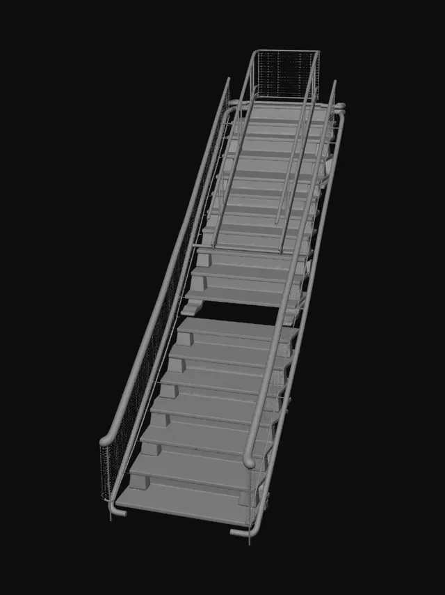 3D model for modular industrial staircase, metal and concrete stairs, worn edges, realistic scale, survival horror atmosphere, game ready asset, low poly optimized, clean topology, realistic PBR textures, Unreal Engine compatible
