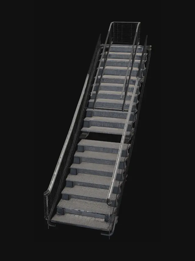 3D model for modular industrial staircase, metal and concrete stairs, worn edges, realistic scale, survival horror atmosphere, game ready asset, low poly optimized, clean topology, realistic PBR textures, Unreal Engine compatible