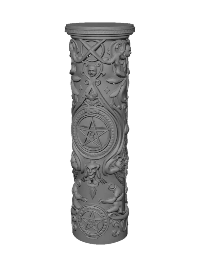 3D model for uma imagem de uma coluna de madeira escura com detalhes  de simbolos que representam o culto religioso de satan e demoniaco. Esculpir detalhes que contenham criaturas demoniacas na coluna combinados com simbolos. Nao preencer totalmente a coluna com detalhes. Na area central colocar o numero 13 dentro de um pentagrama. 
 Coluna com 6 metros de altura e diametro de 40 cm