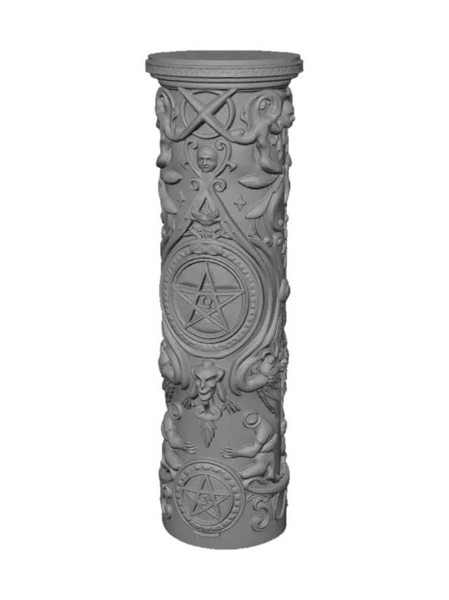 3D model for uma imagem de uma coluna de madeira escura com detalhes  de simbolos que representam o culto religioso de satan e demoniaco. Esculpir detalhes que contenham criaturas demoniacas na coluna combinados com simbolos. Nao preencer totalmente a coluna com detalhes. Na area central colocar o numero 13 dentro de um pentagrama. 
 Coluna com 6 metros de altura e diametro de 40 cm