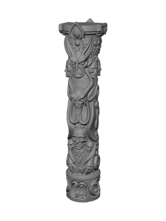 3D model for uma imagem de uma coluna de madeira escura com detalhes  de simbolos que representam o culto religioso de satan e demoniaco. Esculpir detalhes que contenham criaturas demoniacas na coluna. Coluna com 4 metros de altura e diametro de 40 cm