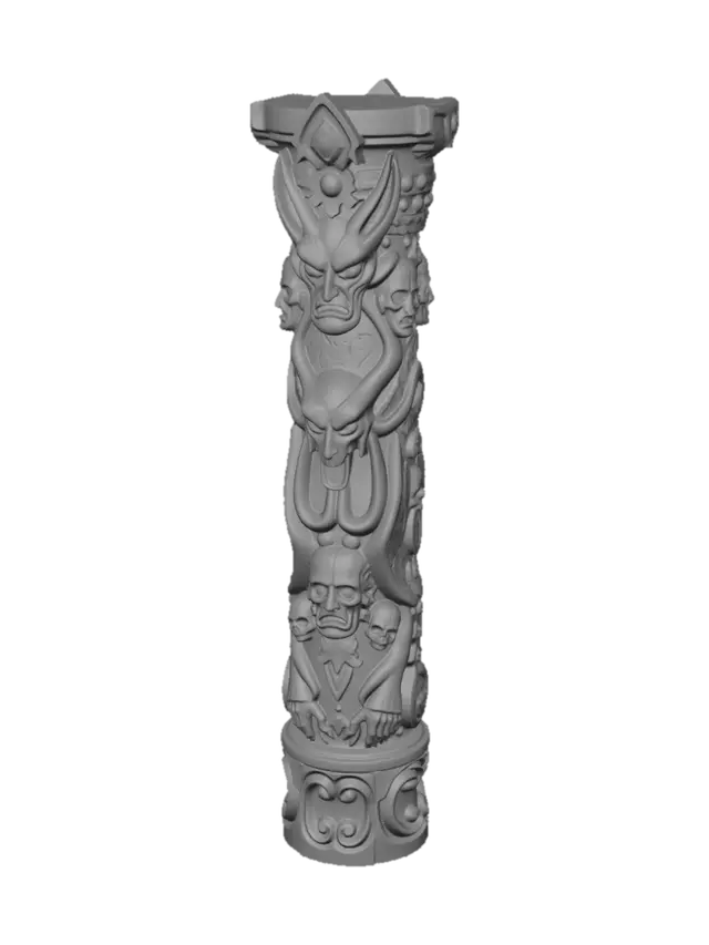 3D model for uma imagem de uma coluna de madeira escura com detalhes  de simbolos que representam o culto religioso de satan e demoniaco. Esculpir detalhes que contenham criaturas demoniacas na coluna. Coluna com 4 metros de altura e diametro de 40 cm