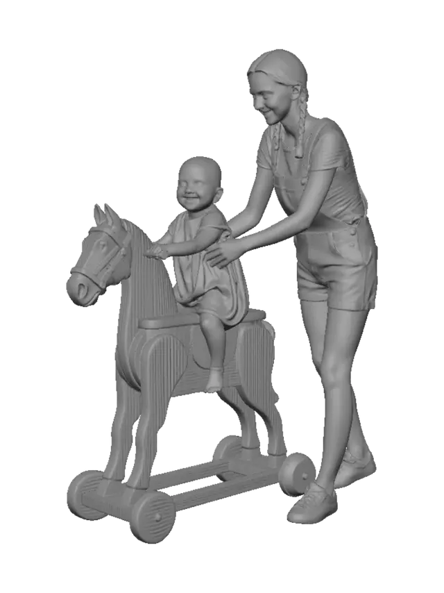 3D model for Ein Baby, das auf einem Tinker sitzt und dabei von einer schlanken Frau gehalten wird
Das Baby hat ein Kleidchen an und die frau 2 kurze Zöpfe, eine kurze Latzhose ein T shirt und Turnschuhe und sie lächelt
Der Tinker steht
Realistisch