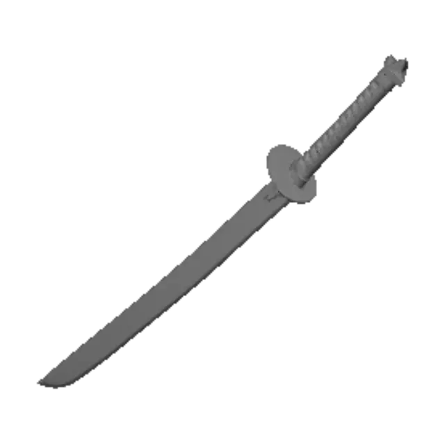 3D model for Create an anime-inspired legendary katana for a Roblox battlegrounds game. Long curved blade with glowing blue energy engraved along the steel, black and gold handle wrapping, ornate gold tsuba, subtle magical runes, battle-ready appearance. Stylized game art style similar to competitive anime fighting games. Clean low-to-mid poly geometry, optimized for Roblox, PBR materials, weapon-only showcase, sharp silhouette, high detail on close inspection, suitable as a rare or boss weapon. Include attachment points at the blade tip and guard area for slash effects and particle VFX. Clean UV mapping and game-ready topology.