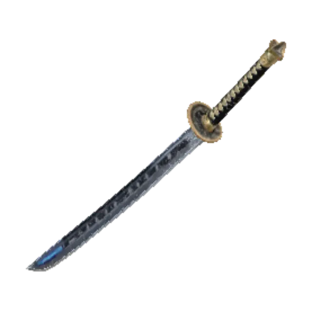 3D model for Create an anime-inspired legendary katana for a Roblox battlegrounds game. Long curved blade with glowing blue energy engraved along the steel, black and gold handle wrapping, ornate gold tsuba, subtle magical runes, battle-ready appearance. Stylized game art style similar to competitive anime fighting games. Clean low-to-mid poly geometry, optimized for Roblox, PBR materials, weapon-only showcase, sharp silhouette, high detail on close inspection, suitable as a rare or boss weapon. Include attachment points at the blade tip and guard area for slash effects and particle VFX. Clean UV mapping and game-ready topology.